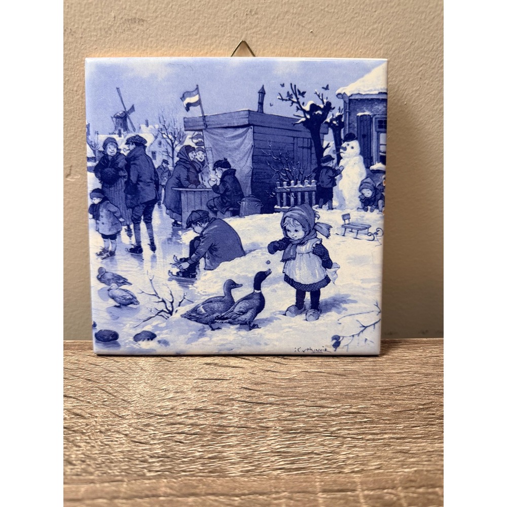 Vintage J.C. van Hunnik Dutch Ceramic Tile Wall Hanging Blue White 1996